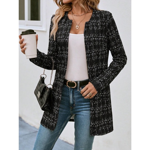 Plaid Open Front Tweed jacket black gray - Picture 1 of 5